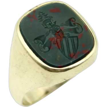 14K Gold Bloodstone Edwardian Intaglio Signet Ring - image 1