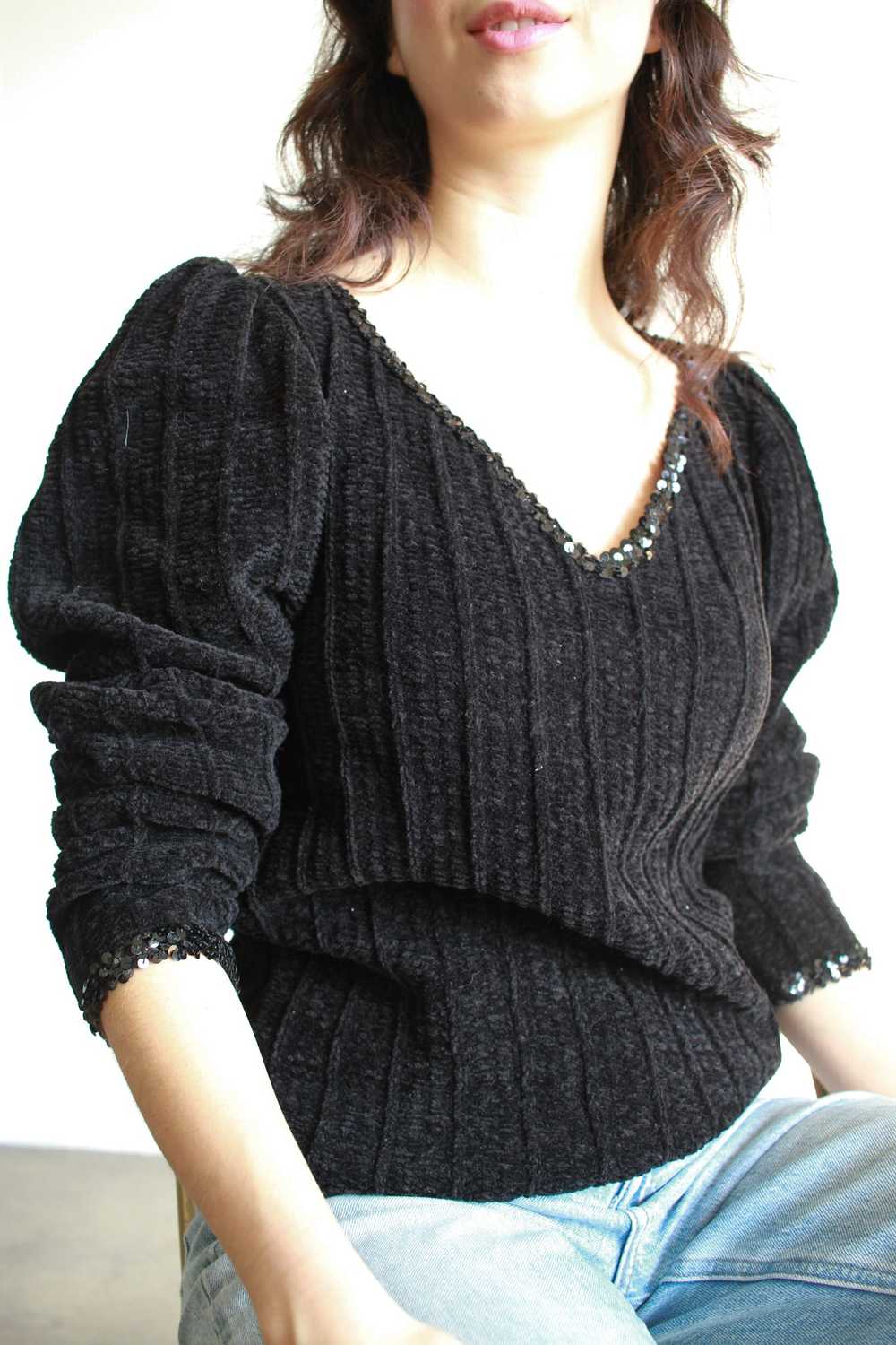 1980s Saint Laurent Black Chenille Sequin Sweater - image 4