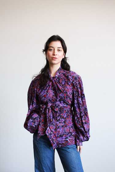 1980s Donald Brooks Voilet Paisley Print Blouse