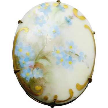 Antique Porcelain Over Brass Forget Me Not Brooch 