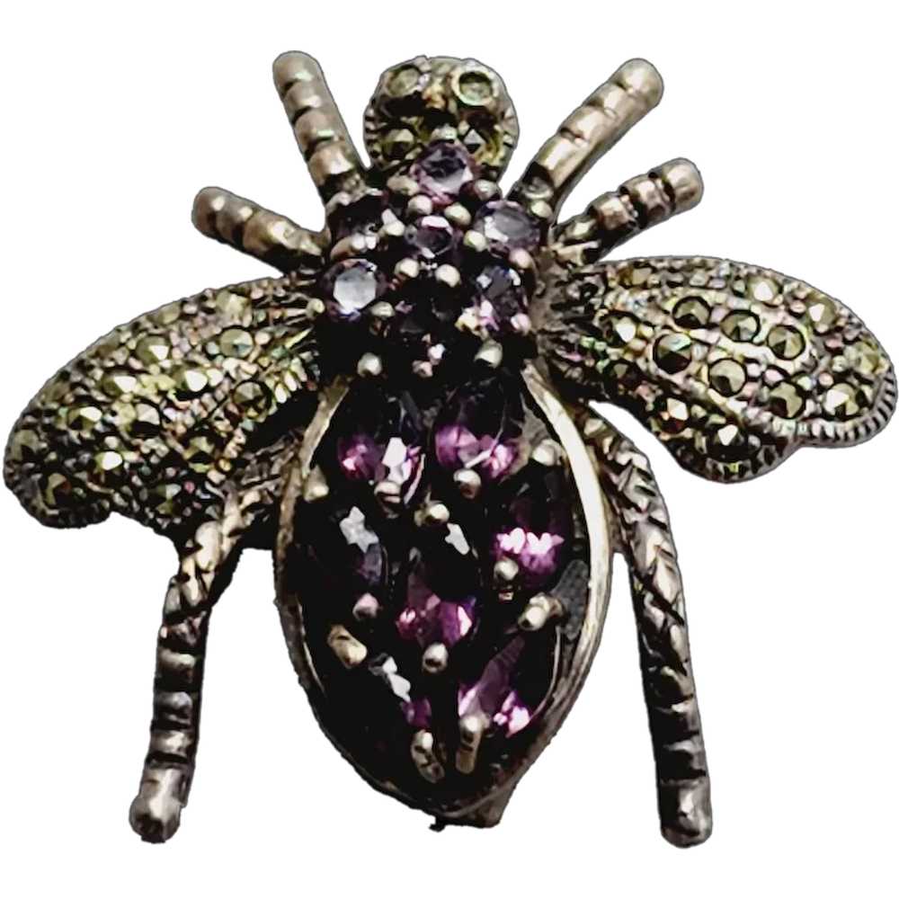 Vintage 925 Sterling & Amethyst Fly/Bug Brooch (A… - image 1