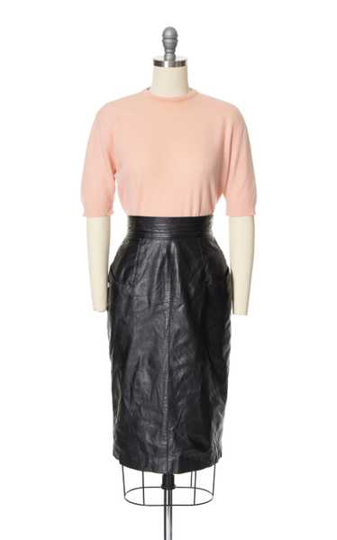 1980s Black Leather Pencil Skirt | small