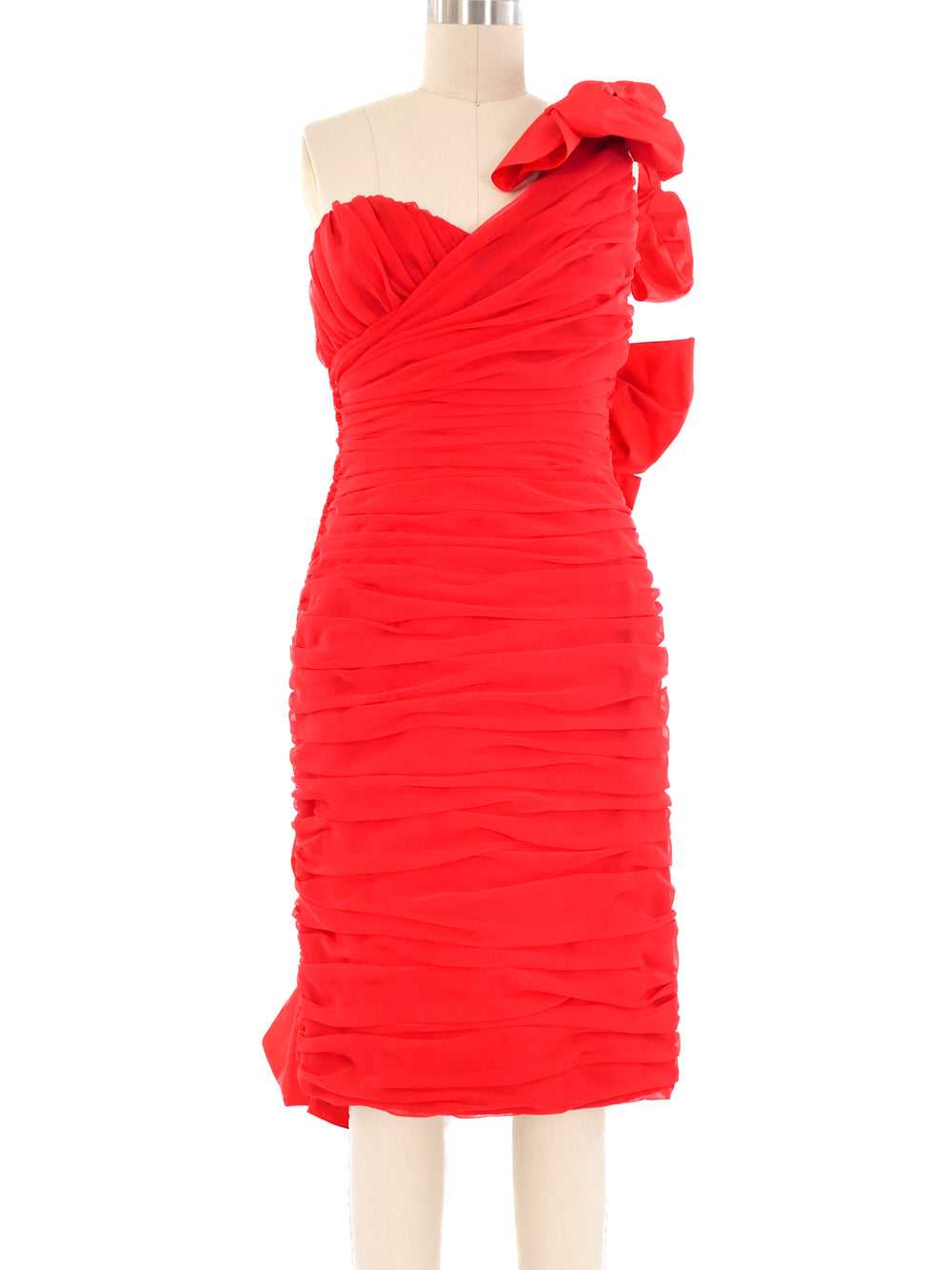 1980's Red Ruched Bow Back Dress - image 1