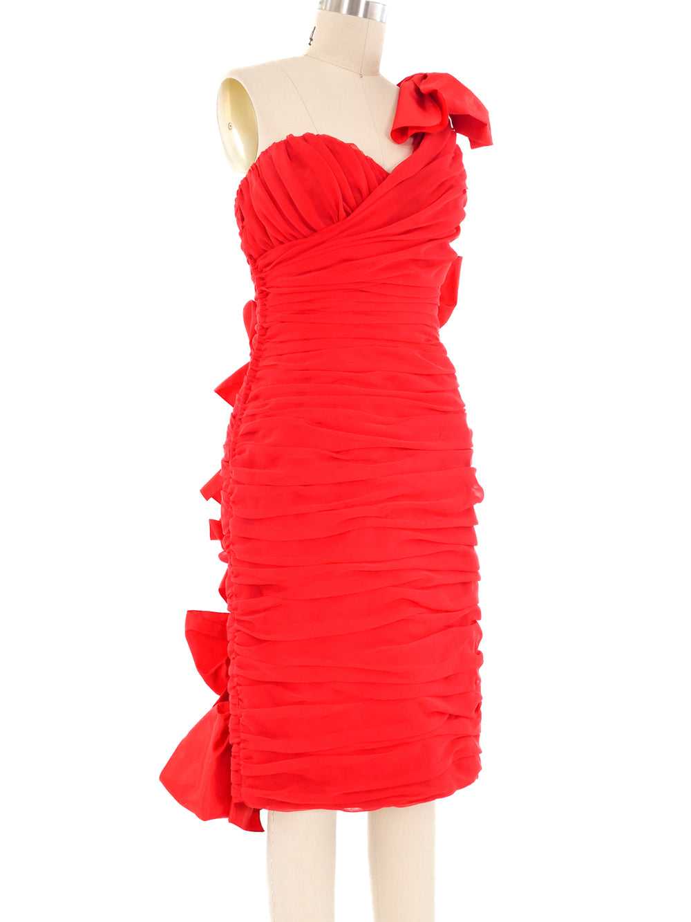 1980's Red Ruched Bow Back Dress - image 4