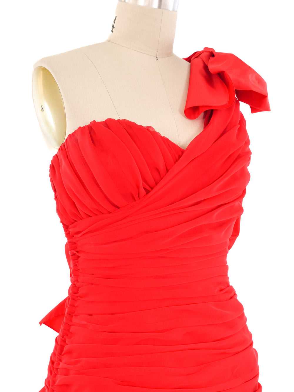 1980's Red Ruched Bow Back Dress - image 5