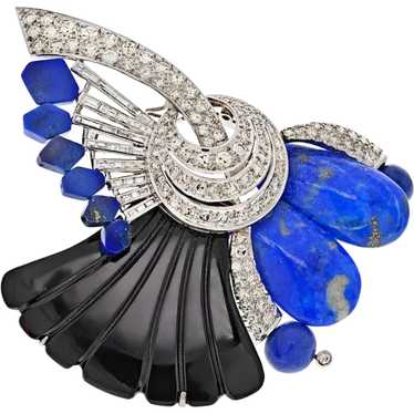 18K White Gold Onyx, Blue Lapis And Diamond Brooch