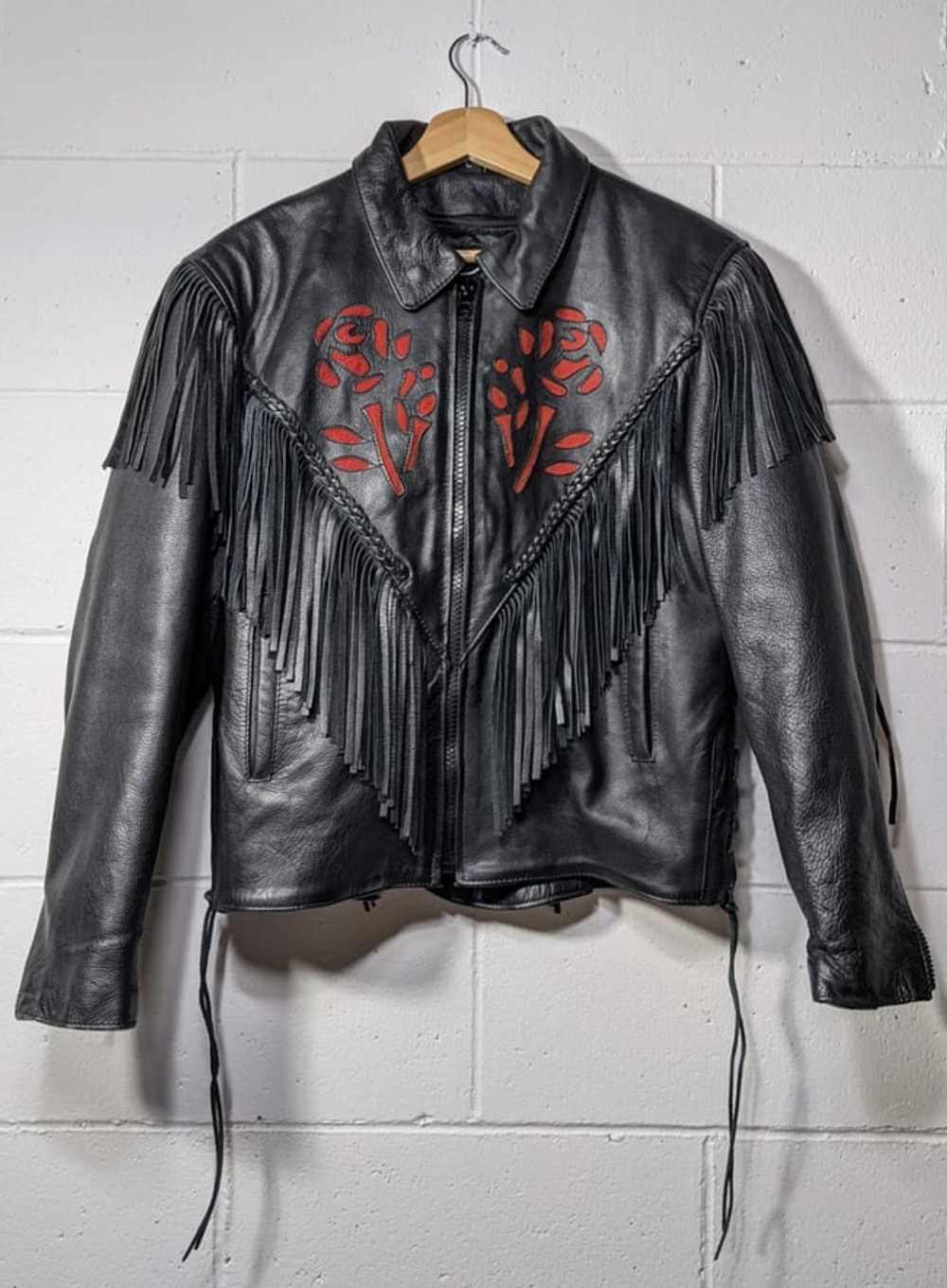80's Leather Motorcycle Jacket with Rose Appliqué - image 1