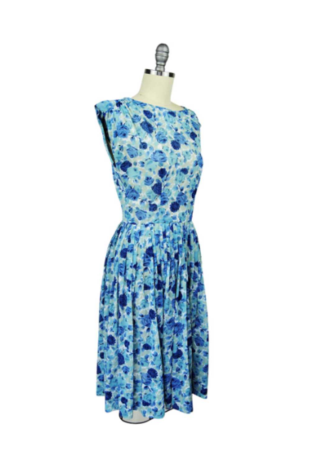 1960s Patty Petite Semi Sheer Blue Floral Dress - sm - Gem
