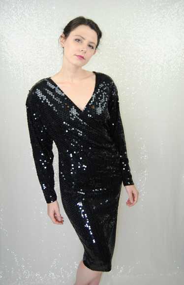 1980s 1990s Vintage I.Magnin Black Sequined Dress 