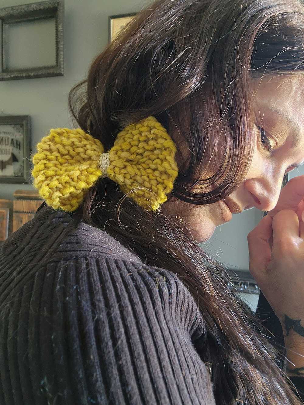 Handknit "Corn and Honey" Yellow Hair Bow with Vi… - image 1