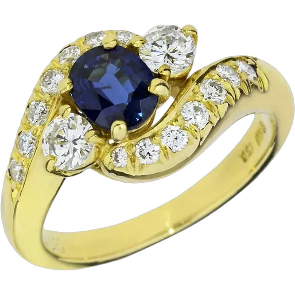 18K Yellow Gold Blue Sapphire & Diamond Bypass Ri… - image 1