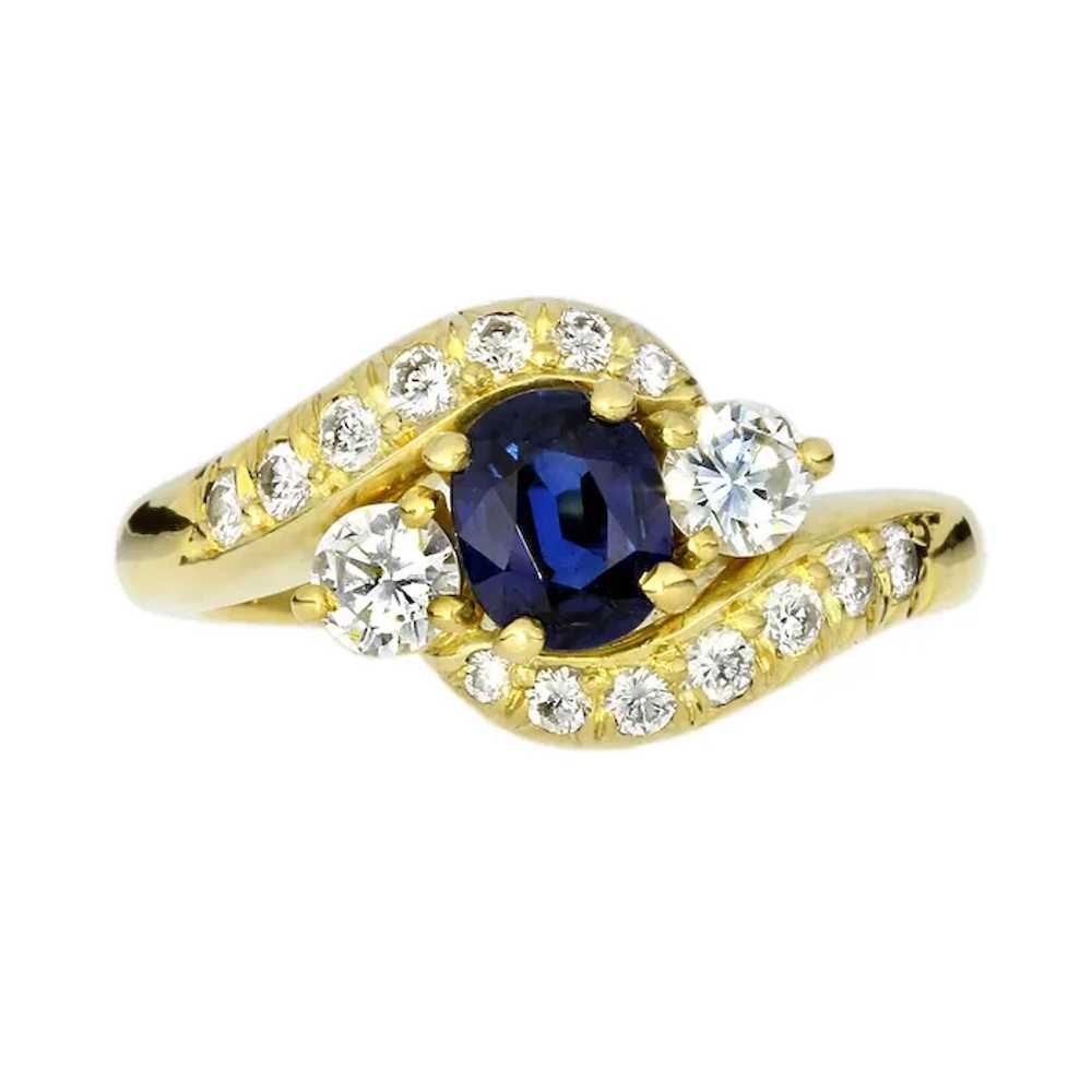 18K Yellow Gold Blue Sapphire & Diamond Bypass Ri… - image 2