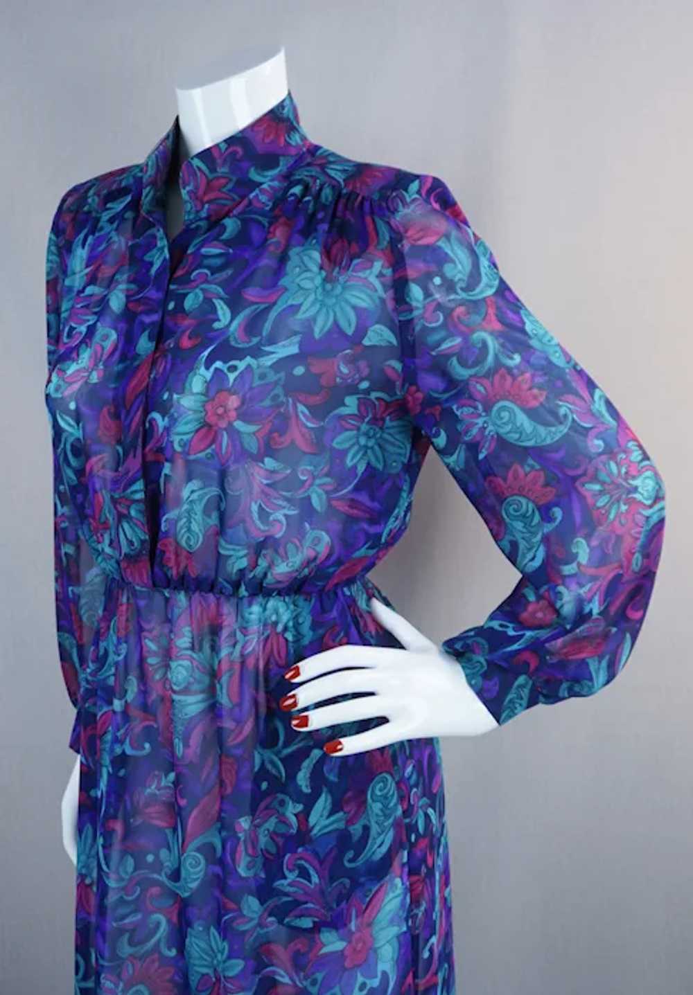 80s Teal and Purple Abstract Long Sleeve Dress by… - image 2