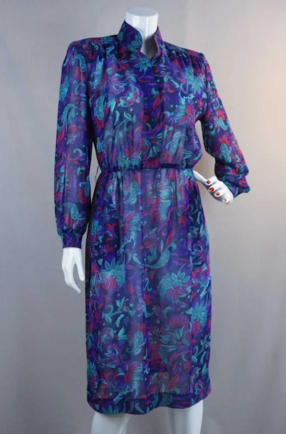 80s Teal and Purple Abstract Long Sleeve Dress by… - image 7