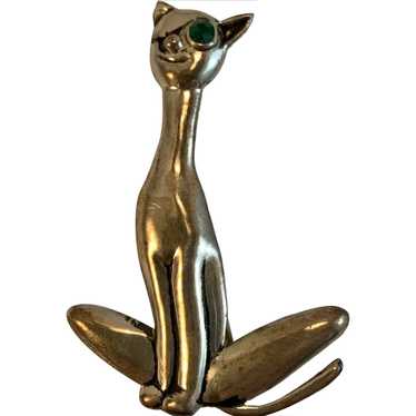 Sterling Winking Smiling Cat Pin with Green Eye Si