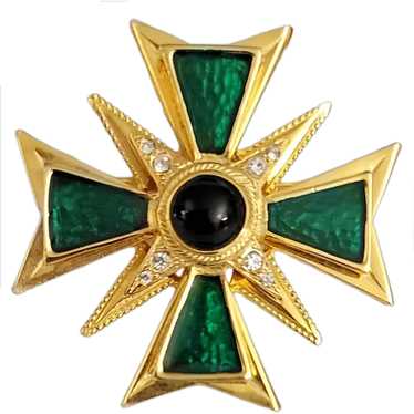 Gold Tone Green Enamel, Black Lucite Cab Maltese C