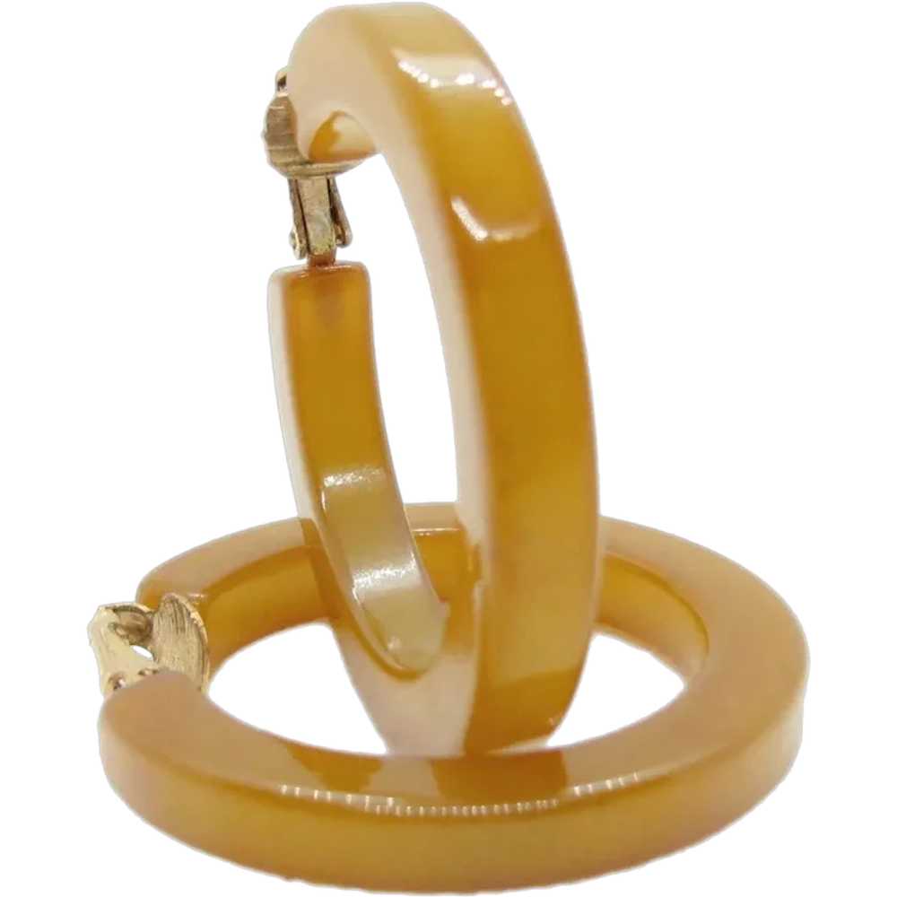 Vintage Carmel Bakelite Large Hoop Clip On Earrin… - image 1