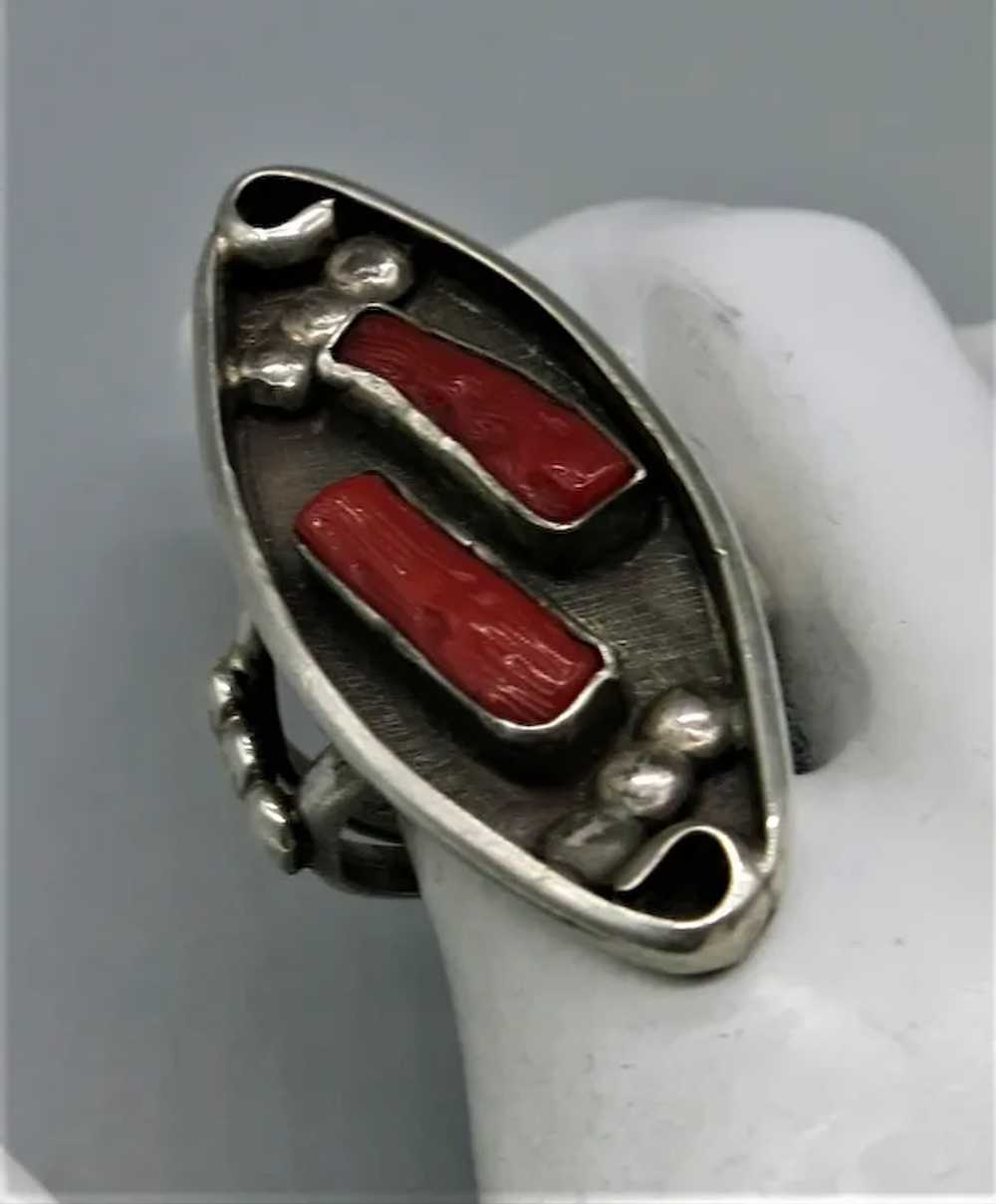 VINTAGE  Sterling Shadow Box Coral Ring  Size 6 1… - image 2