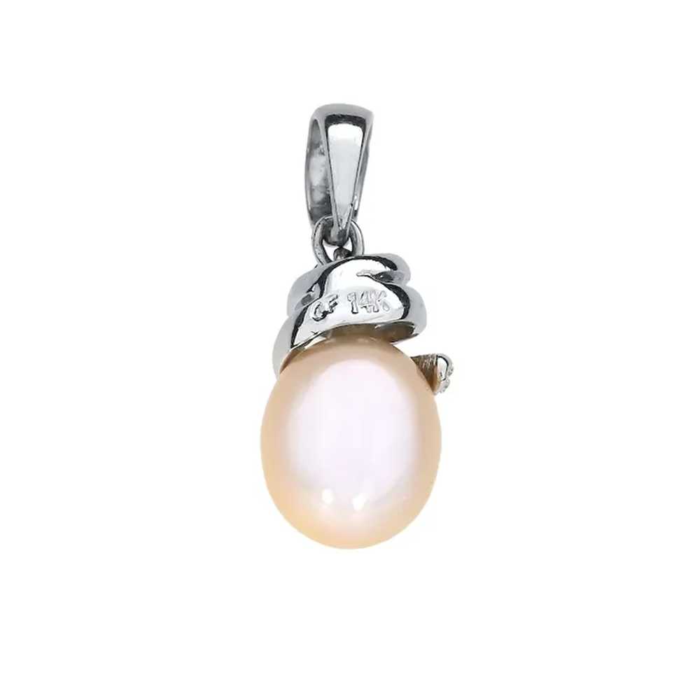 14K White Gold Cultured Pearl & Diamond Pendant - image 3