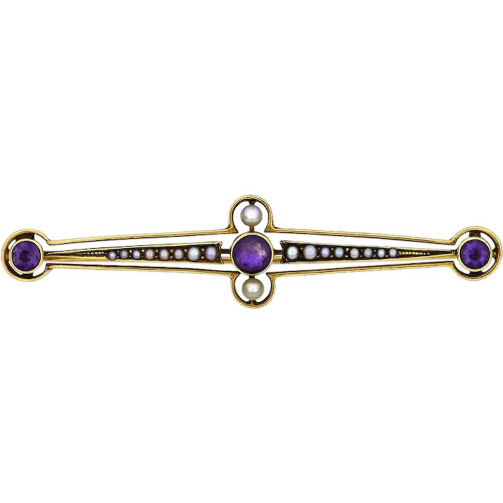 Vintage 14K Yellow Gold Amethyst & Seed Pearl Pin - image 1