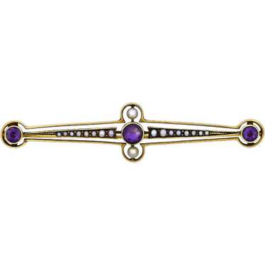 Vintage 14K Yellow Gold Amethyst & Seed Pearl Pin - image 1