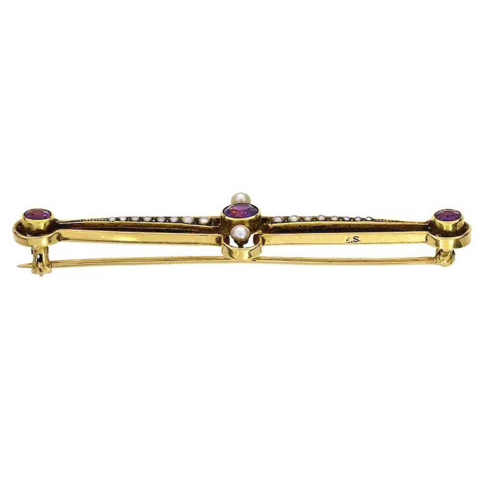 Vintage 14K Yellow Gold Amethyst & Seed Pearl Pin - image 4