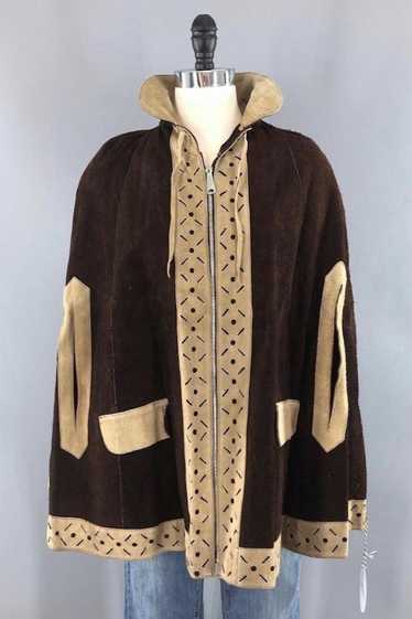 Vintage Suede Leather Cape Poncho Hippie Jacket - image 1