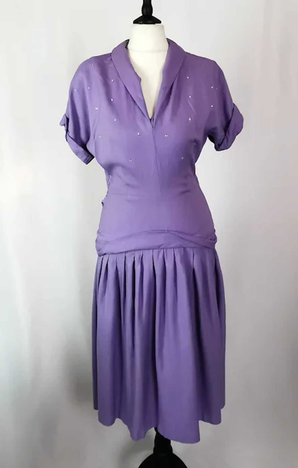 Vintage ladies 1940s dress, lilac, Diamante - image 2