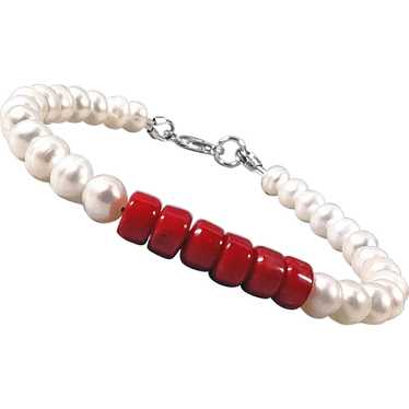Real white freshwater pearl red coral Jewelry ste… - image 1