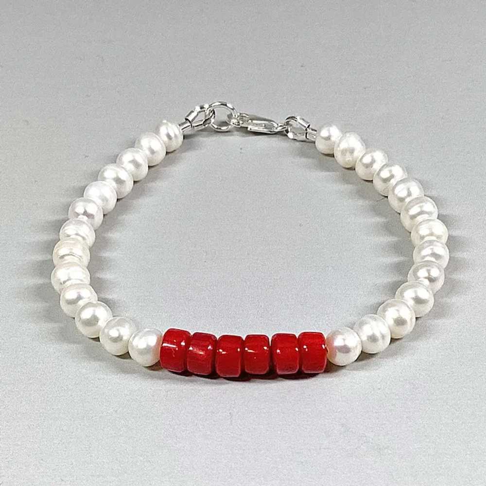 Real white freshwater pearl red coral Jewelry ste… - image 2