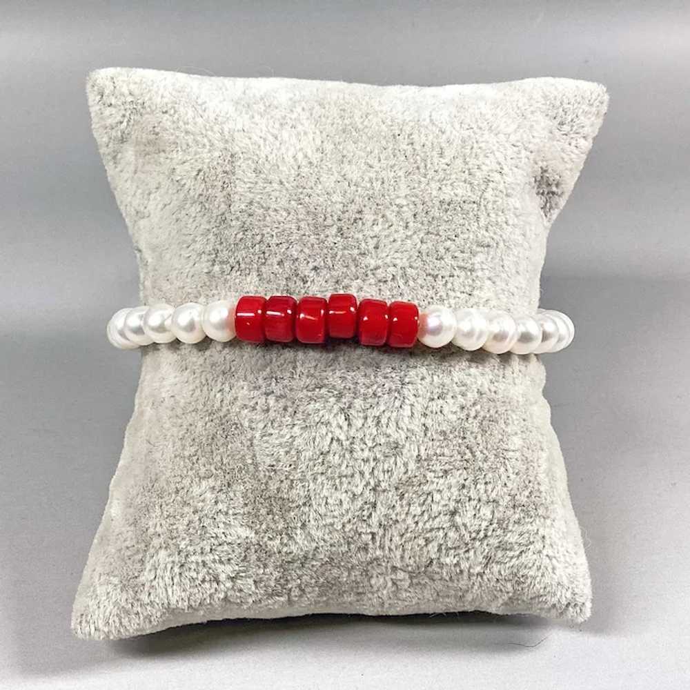 Real white freshwater pearl red coral Jewelry ste… - image 3