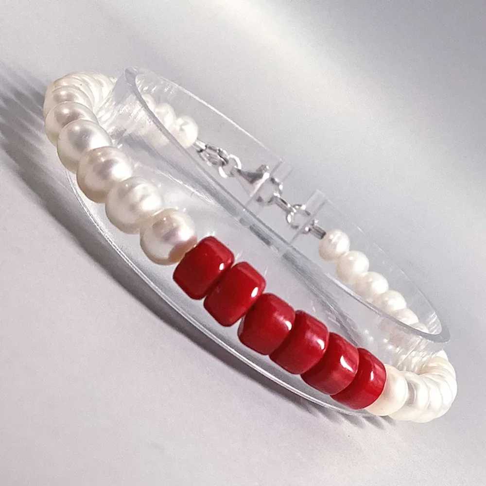 Real white freshwater pearl red coral Jewelry ste… - image 4