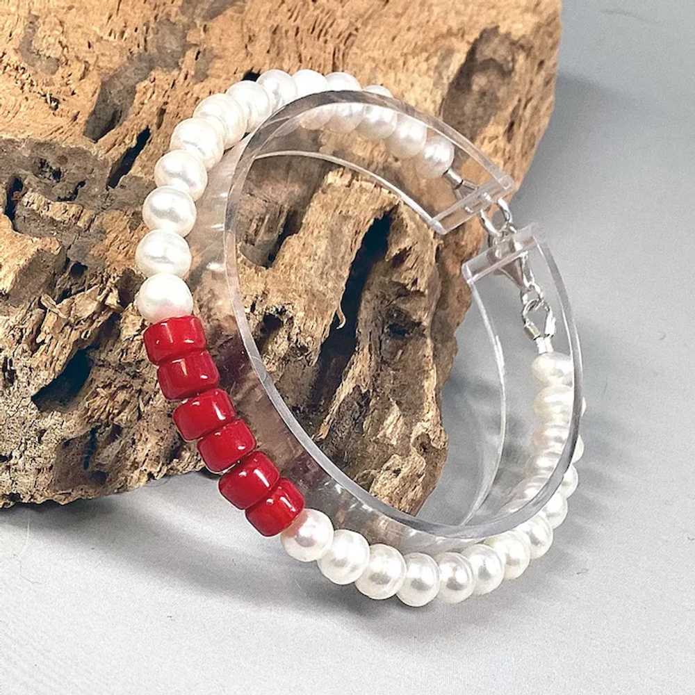 Real white freshwater pearl red coral Jewelry ste… - image 6