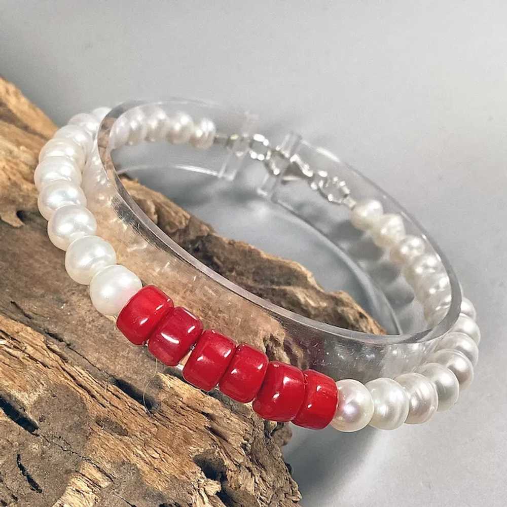 Real white freshwater pearl red coral Jewelry ste… - image 7