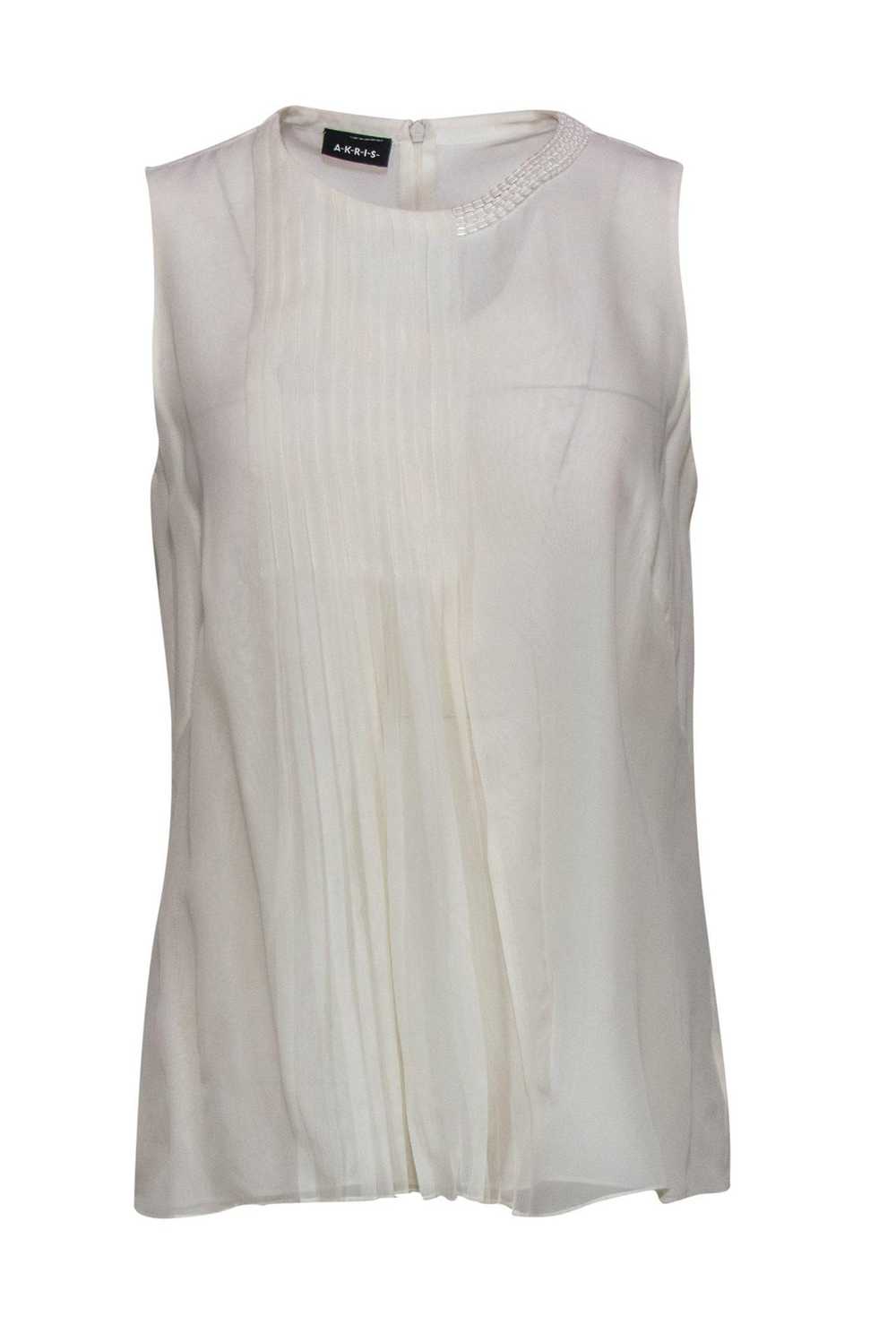 Akris - Cream Pleated Silk Tank w/ Beaded Necklin… - image 1