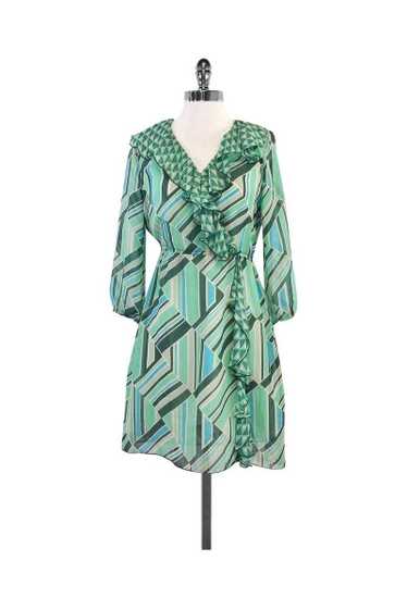 Anna Sui - Green & Blue Geo Print Silk Ruffle Dres