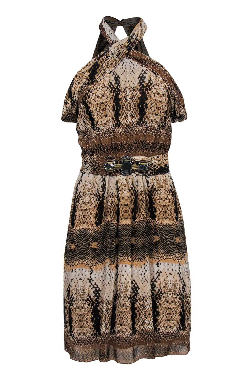 Badgley Mischka - Beige Snakeskin Print Draped Sl… - image 1