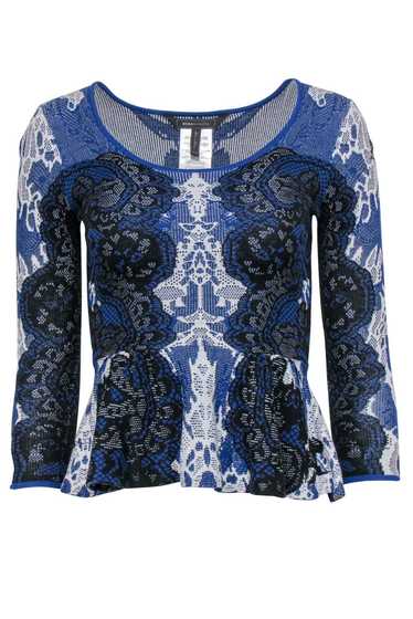 BCBG Max Azria - Blue & Black Patterned Knit Peplu