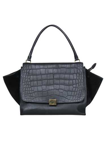 Celine - Black Leather Reptile Embossed Fold-Over 