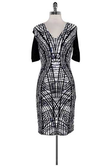 D. Exterior - Black, White & Blue Abstract Dress S
