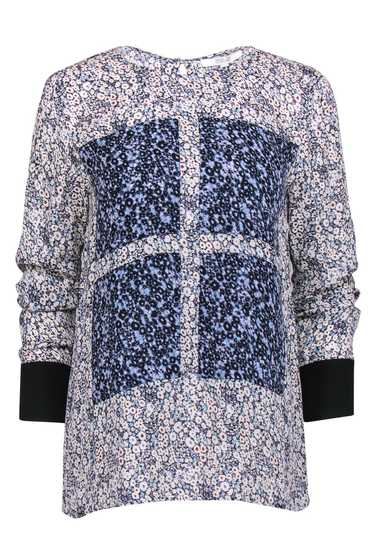 Derek Lam - Blue & Ivory Floral Silk Window Pane … - image 1