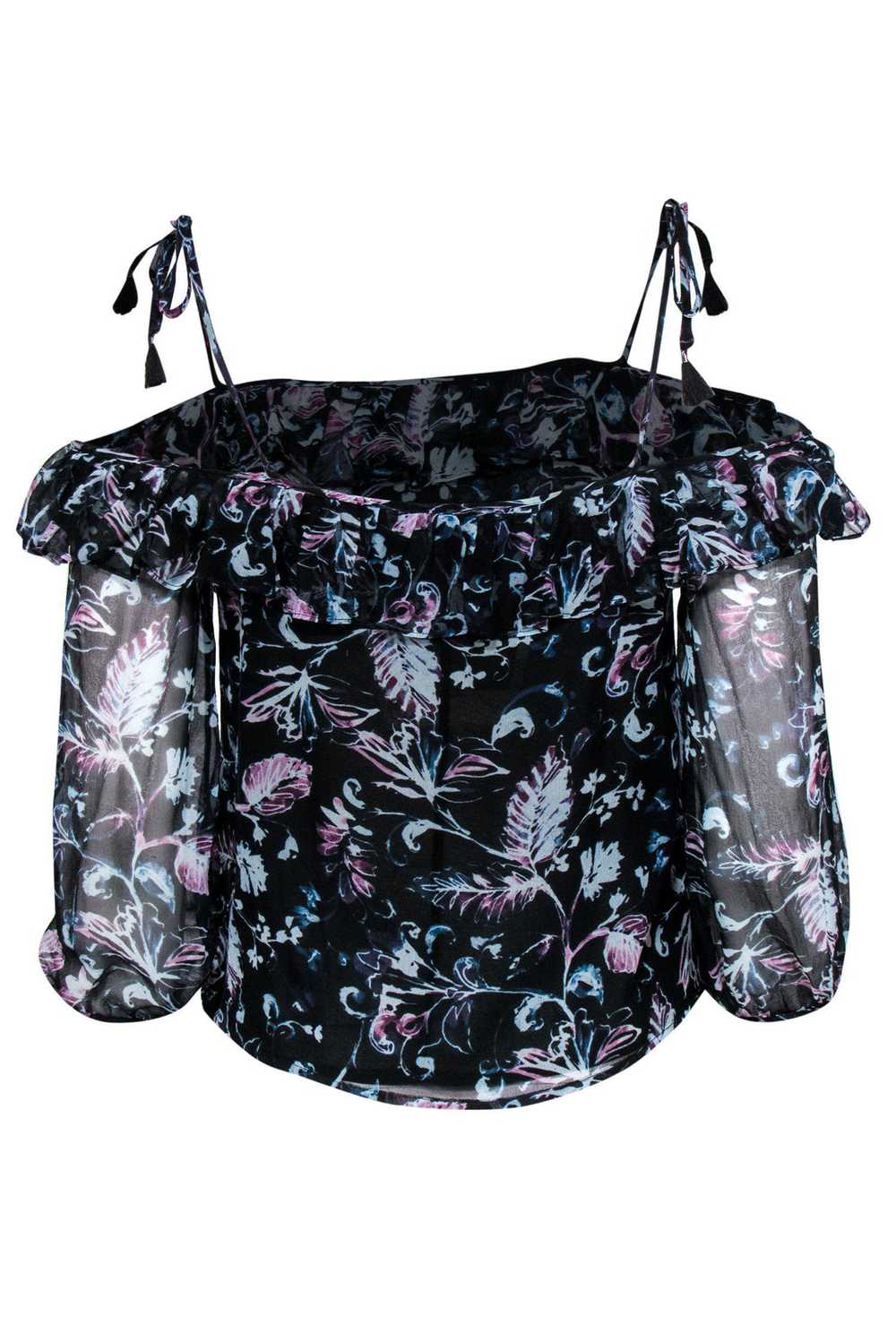 Ella Moss - Black Floral Silk Open Shoulder Top S… - image 3