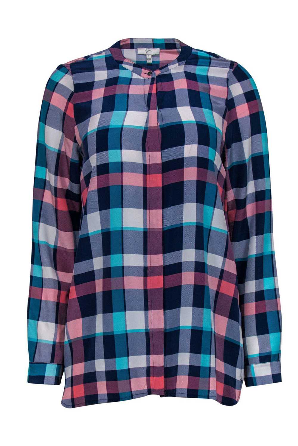 Equipment - Pink & Teal Madras Plaid Silk Blouse … - image 1