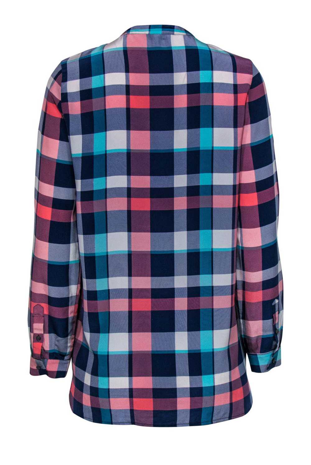 Equipment - Pink & Teal Madras Plaid Silk Blouse … - image 3