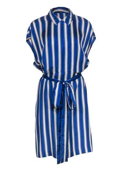 Escada - Blue & White Striped Sleeveless Belted S… - image 1