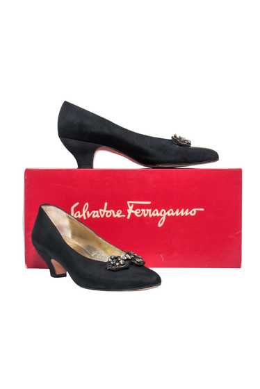 Ferragamo - Black Satin Kitten Heels w/ Jeweled Ap