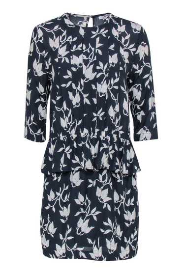 Ganni - Navy & White Floral Print Long Sleeve Pepl