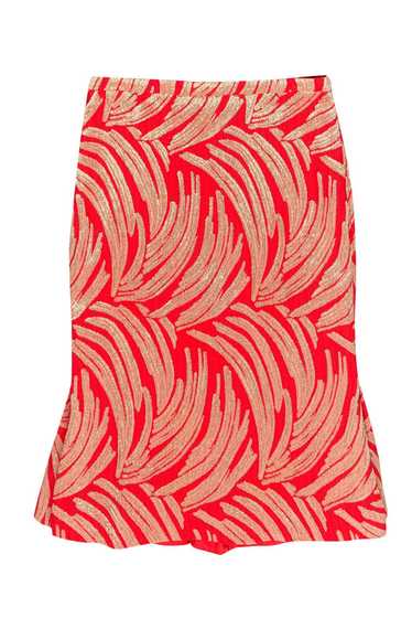 J.Crew - Red & Gold Metallic Printed Midi Skirt Sz