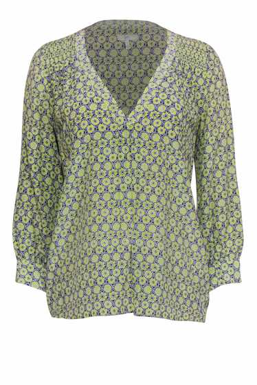 Joie - Lime & Navy Medallion Print Silk Peasant Bl