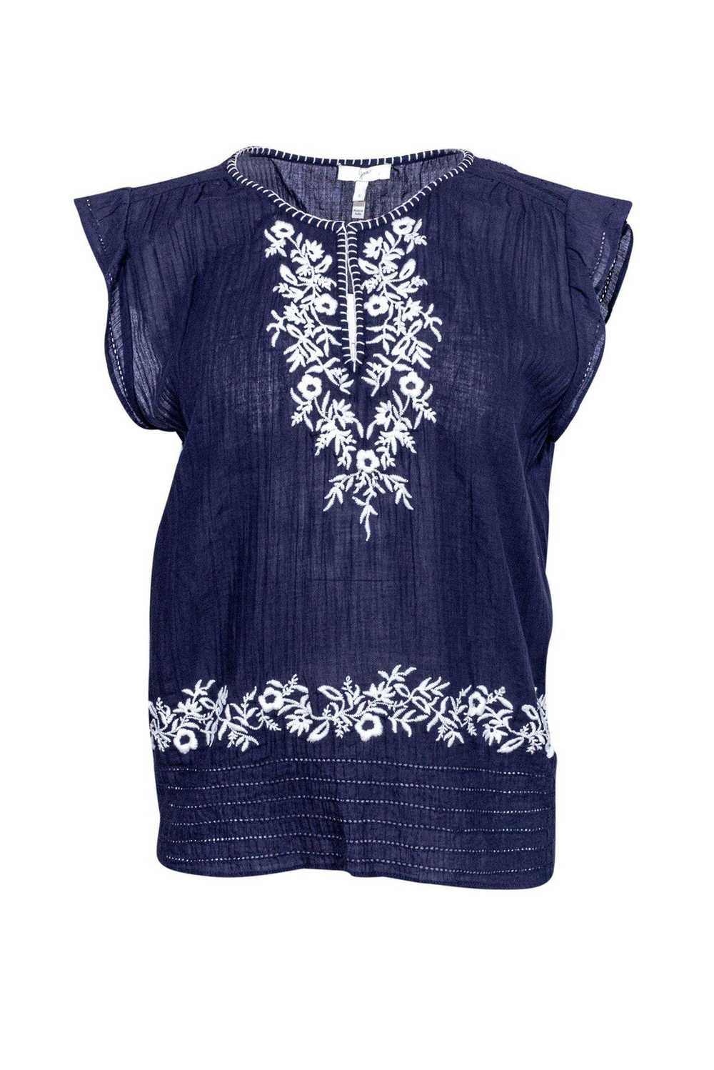 Joie - Navy Cotton Embroidered Short Sleeve Top S… - image 1